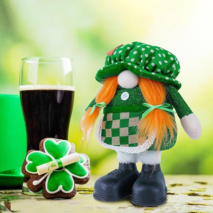 Standing St.Patrick's Day Gnome Plush Doll with Retractable Legs Nordic Scandinavian Swedish Dwarf Gnome Figurines Wearing Glitter Clothes & Black Boots Lucky Green Shamrock Irish Table Decor (A)