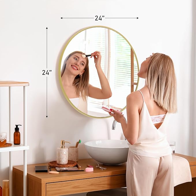 Sweetcrispy 24in Round Bathroom Mirrors for Wall, Bathroom Mirrors for Over Sink, Wall Decor for Bathroom, Entryway, Bedroom, Vanity, Classical Gold