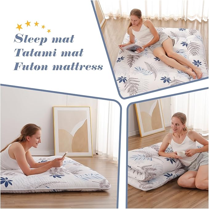 Japanese Floor Mattress, Futon Mattress with Portable Storage Bag and Washable Cover, Roll Up Thick Tatami Mat Suitable for Camping, Guest Room, White Leaf, Full