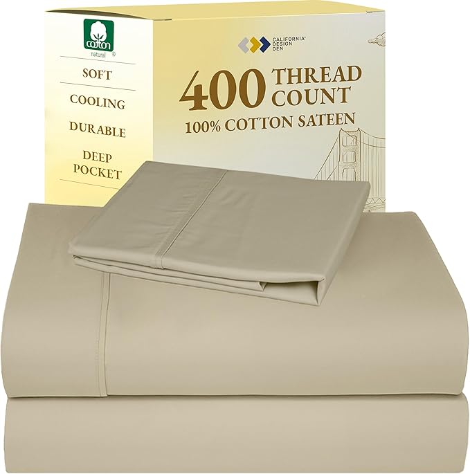 California Design Den Twin XL Sheet Sets - 400 Thread Count Sateen, 100% Cotton Bed Sheets, Deep Pockets, Soft & Breathable, Cooling and Durable Bedding Set - Beige (Golden Tone)