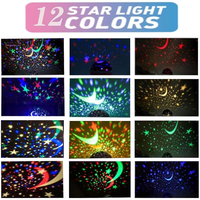 Borelor Star Night Light for Kids, 12 Color Changing Lights Modes with USB Cable, 360°Rotating Moon Star Projector Desk Lamp for Bedroom Party Decor & Girls Birthday Gift (Purple)