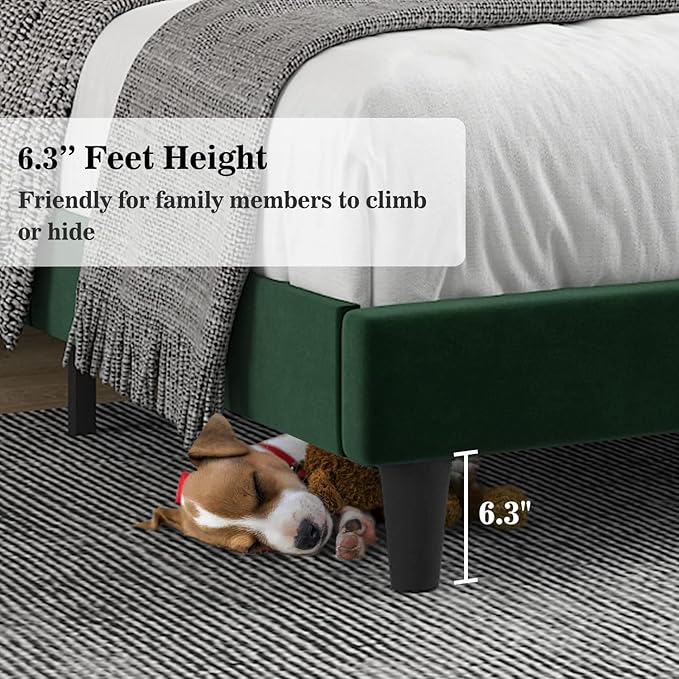 Allewie King Bed Frame/Velvet Upholstered Bed Frame with Vertical Channel Tufted Headboard/Strong Wooden Slats/Platform Bed Frame/Mattress Foundation/Box Spring Optional/Easy Assembly/Green