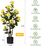 Artificial Camellia Tree 2 Pack, Artificial Plants Outdoor Faux Plant in Cement Pot Fake Yellow Silk Camellia Tree Plants for Home House Living Room Office Decor (Yellow (2 Pack))