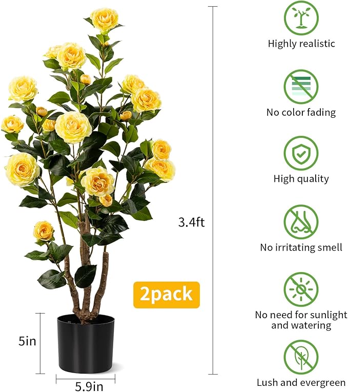 Artificial Camellia Tree 2 Pack, Artificial Plants Outdoor Faux Plant in Cement Pot Fake Yellow Silk Camellia Tree Plants for Home House Living Room Office Decor (Yellow (2 Pack))
