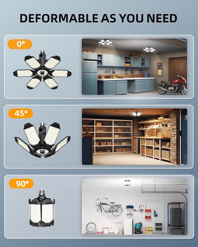 Adiding Rotatable LED Garage Light 4 Pack, 48000Lm Super Bright Basement Lighting Fixture w/ 6 Adjustable Panels Screw in E26 E27 Bulb Base for Workshop Attic Barn Ceiling Warehouse Gym Utility