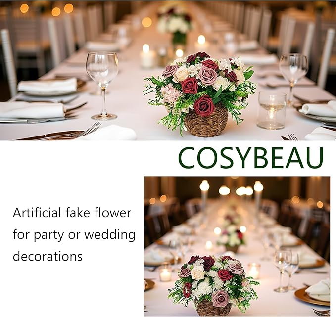 Artificial Fake Flowers 26pcs Roses, Mixed White & Burgundy Faux Flower for DIY Wedding Bouquet Bridal Shower Centerpieces Floral Arrangements Party Table Home Decorations
