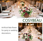 Artificial Fake Flowers 26pcs Roses, Mixed White & Burgundy Faux Flower for DIY Wedding Bouquet Bridal Shower Centerpieces Floral Arrangements Party Table Home Decorations
