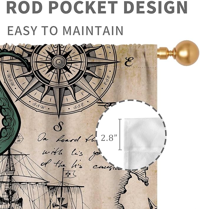 Nautical Octopus Curtains, Coastal Old Pirate Map Sailboat Compass Vintage Magic Ocean Kraken Octopus Tentacles Window Drapery Treatment for Bedroom Living Room Kitchen Bathroom 2 Panels, 52"x84" Inch