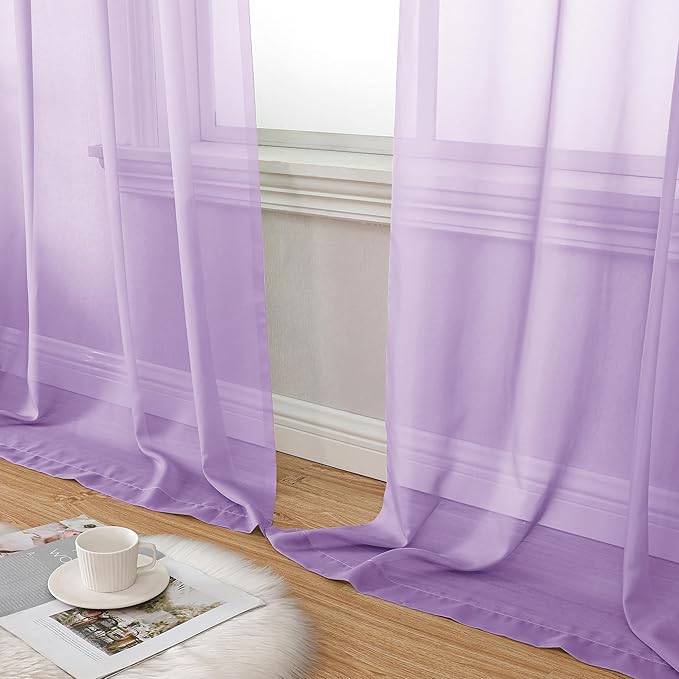 Aiyufeng Light Purple Sheer Curtain Panels Pair Sold 63 Inch Length, Light Filtering Window Curtain Drapes Treatment for Kitchen, Bedroom/Children Room, Voile Top Dual Rod Pocket, 2 Pack of 42 x 63"