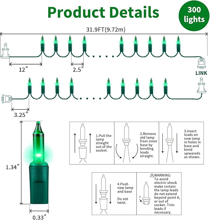 LAMPHOME Super-Bright Extendable Green Christmas Lights Decoration 300Lights 63.8ft(2pk of 150L) UL Certified Mini Bulb String Lights Set for Outdoor Christmas Tree Garden Holiday Party Patio Decor