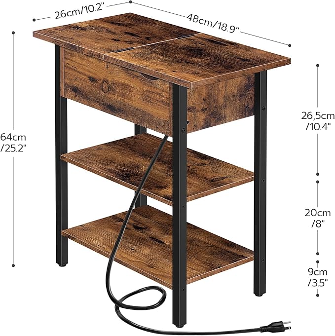 HOOBRO End Table with Charging Station, Narrow Side Table, Flip Top Nightstand with USB Ports and Outlets, Bedside Tables with Shelf for Small Spaces, Living Room, Rustic Brown BF341BZ01