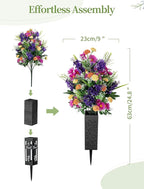 Artificial Cemetery Flowers for Grave: Memorial Day Flowers for Cemetery - Outdoor Grave Decorations - 2 Pcs Purple Violet Mums Bouquets with Vases
