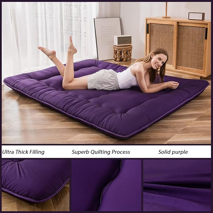 MAXYOYO Japanese Floor Futon Mattress, Roll Up Floor Mattress for Adults Foldable Tatami Mat Sleeping Pad Dormitory Bed Lounger, Purple, Twin Size