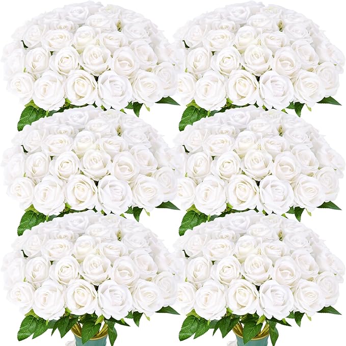 52 PCS White Artificial Roses Bulk, Fake Artificial Flowers Bridal Bouquet Silk Faux Rose with Stems for Wedding Flowers Decoration, Valentine's Day, Bridal Bouquet, Anniversary, Home Decor (52PCS)