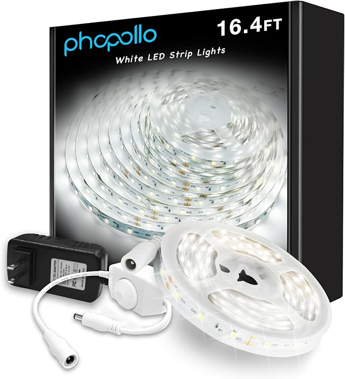 phopollo White LED Strip Lights, 16.4ft Dimmable 6500k Daylight White Led Light Strip, 300 LEDs Flexible Led Lights for Bedroom, Mirror, Kitchen Decoration