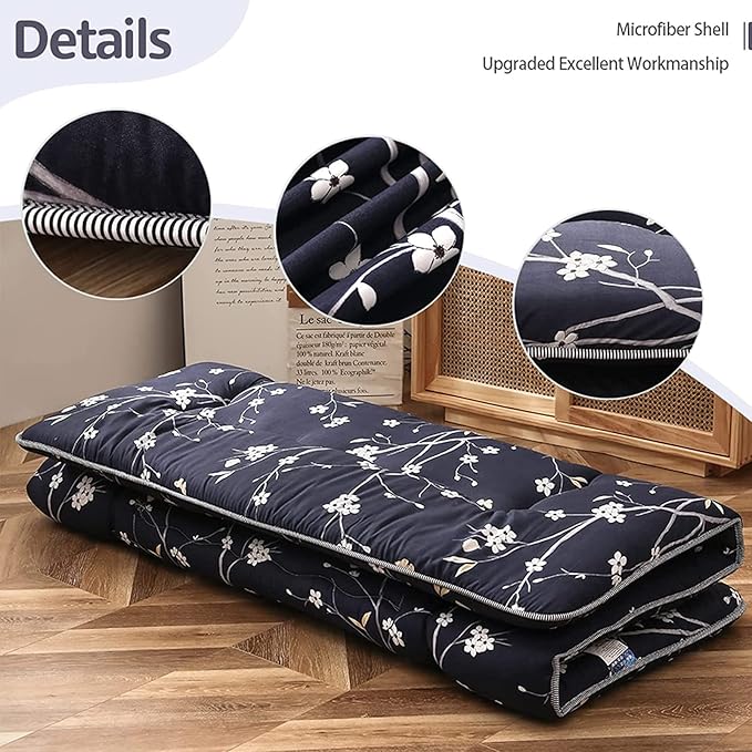 MAXYOYO Japanese Futon Mattress Floor Mattress Sleeping Pad Foldable Bed Roll Up Camping Cushion Floor Lounger Bed Couches and Sofas Couch Topper, Navy Floral, Full Size
