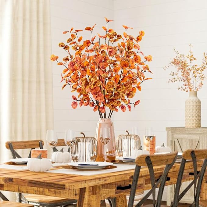 6pcs Artificial Fall Eucalyptus Leaves Stems 30" Faux Fall Leaf Fall Branches Autumn Decorations for Home Fall Floral Arrangements Farmhouse Table Centerpiece Decor