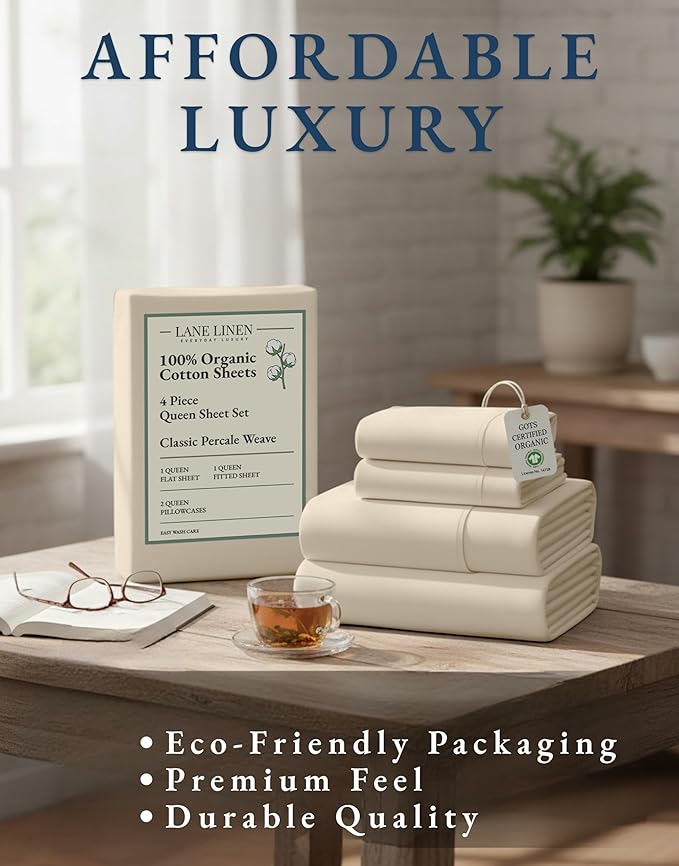 LANE LINEN 100% Organic Cotton Queen Sheets, 4Pc Cotton Sheets Set, Classic Percale Weave Bedsheets Queen Size Bed, Soft Breathable Sheet & Pillowcase Sets, Deep Pocket 15" - Natural