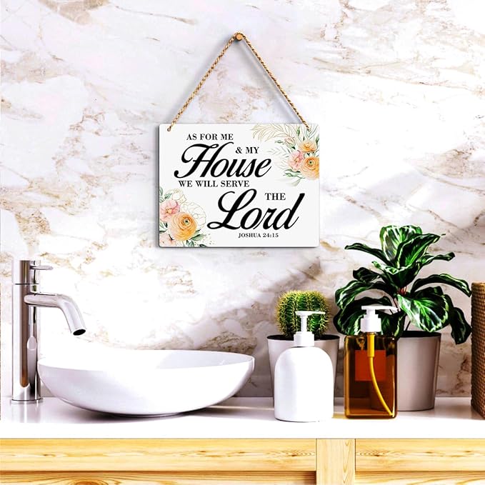 Inspirational Decor As for Me and My House We Will Serve The Lord-Joshua 24:15 Christian Bible Verse Wall Art Scripture Wooden Hanging Sign for Farmhouse Home Wall Art Decoration 10 x 8 Inches