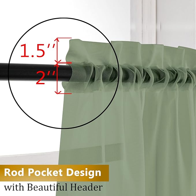 Aiyufneg 2 Panels Sage Green Sheer Valance - Short Fresh Sheer Curtain Valances for Windows Basement Semi Sheer Valances for Kitchen Window, Dual Rod Pocket (Sage Green, 40 by 14 Inches Long)