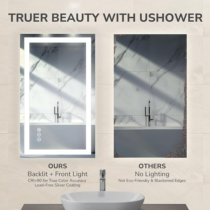 USHOWER LED Bathroom Mirror 48x32 Inch with Lights - Frameless Tempered Glass LED Backlit Lighted Mirror for Bathroom Vanity with Anti-Fog, 3 Colors Dimmable, Memory Function, Wall-Mounted