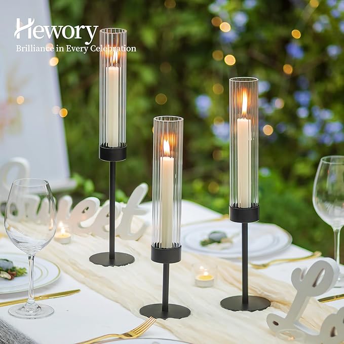Hewory Black Taper Candle Holders: Candlestick Holders Set of 6 Hurricane Glass Tall Candle Holder for Candlesticks Candle Sticks Holder Decor for Table Centerpiece Wedding Party Christmas Decorations