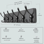 Dseap Coat Rack Wall Mounted - 24" Long 6 Tri Hooks, Heavy Duty Wooden Wall Coat Hanger Coat Hook for Clothes Hat Jacket Clothing, Black, Pack of 2