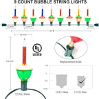 Brightown Christmas Bubble String Lights - 9 Traditional Multicolor Bubble Lights UL Listed for Holiday Christmas Celebrations Lighting, Bubble Light for Tree, Green Wire