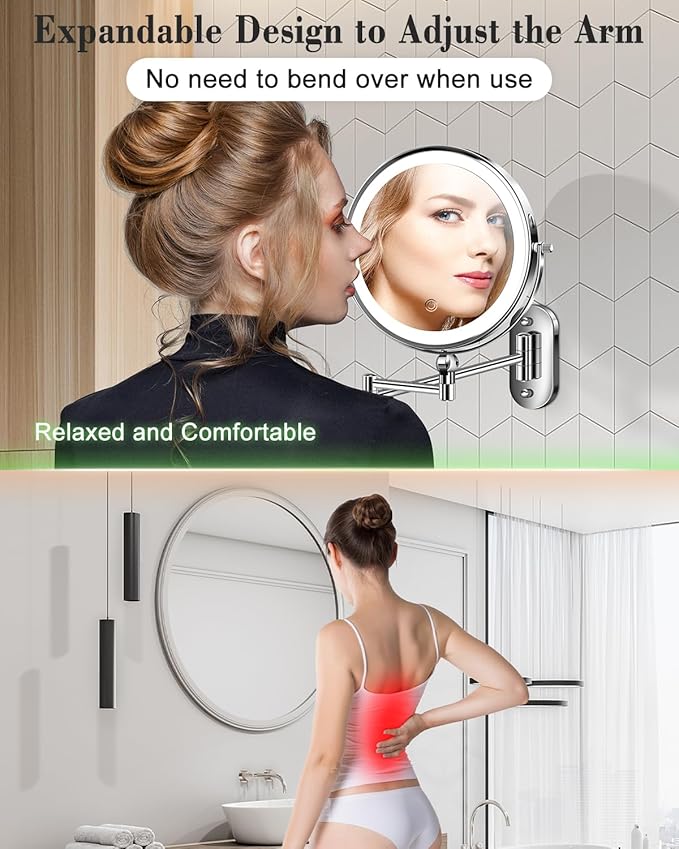 30X/1X Wall Mounted Lighted Makeup Mirror, 9'' Height Adjustable Double Sided 5000mAh Rechargeable Magnifying Bathroom Mirror with Light, 3 Color Modes Touch Dimmable Extended Arm 360 Rotation