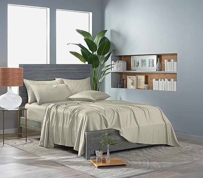 Pure Bamboo Queen Sheets, Genuine 100% Organic Viscose Derived from Bamboo Bed Sheet Set, Luxuriously Soft & Cooling, Double Stitching, Lifetime Quality Promise (Queen, Birch)