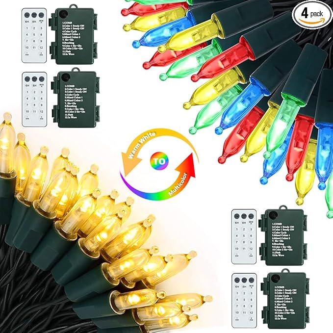 Battery Christmas Lights 4 Pack, 17ft 50 LED Dual Color Changing Mini String Light with 3 Auto-Timer Options and 12 Lighting Modes Waterproof Tree Lights (Warm White & Multicolor, 50 LEDs x 4 Pack)