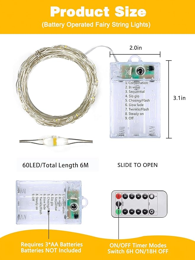 3 Pack 60LED Christmas Battery Operated Fairy Lights with Remote, 8 Modes String Lights with Timer, Dimmable, Memory Function, Waterproof Twinkle Lights for Outdoor Indoor Christmas Decor(Warm White)