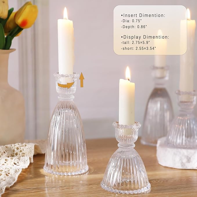 6 Pcs Clear Glass Candlestick Holders (3.5"/6", Assorted)- Tall Taper Candle Holders with Vintage Design, Candle Stick Holders in Bulk for Party Decorations, Glass Candle Holder for Tapered Candles