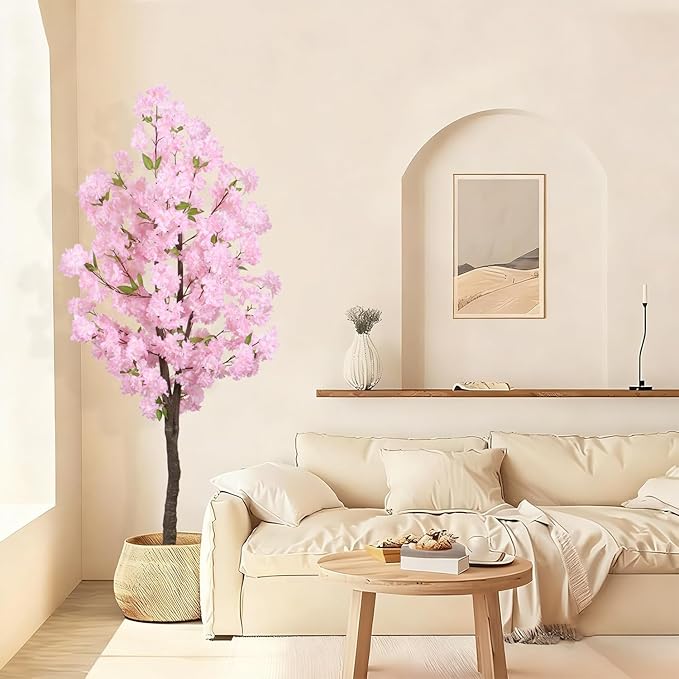 Artificial Pink Cherry Blossom Tree 5.5ft(67in) Tall Fake Silk Leaves Indoor Decor Handmade Lifelike Sakura Tree for Wedding Realistic Cherry Plant in Pot for Home Living Room,Office,Outdoor Decor