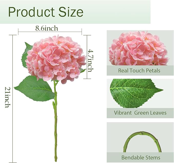 6 Pcs Real Touch Pink Hydrangea Artificial Flowers with Stems, Fake Silk Flowers for Outdoors, Artificial Flowers for Home Decor Wedding Bouquets Centerpieces Vase