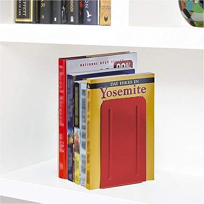 Acrimet Metal Bookends, Non-Skid Book Stand for Shelves, Heavy Duty Book Stopper, 6-7/8" H x 4" W x 4-1/2“ D, Red, 1 Pair
