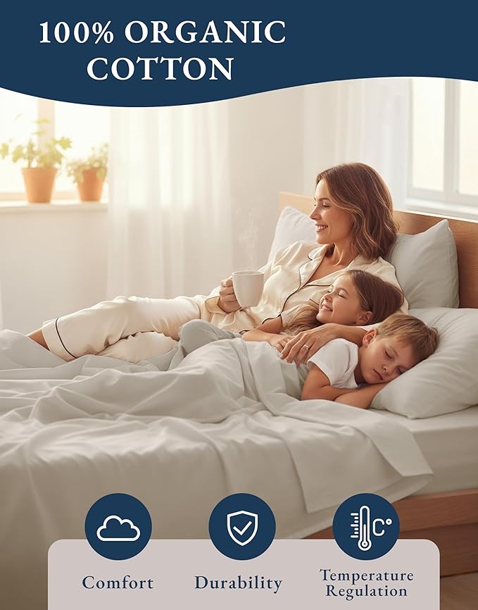 LANE LINEN 100% Organic Cotton California King Sheets Set, 4-Piece Pure Organic Cotton Long Staple Percale Weave Soft Best Bedding Sheets for Bed, Fits Mattress Upto 15" Deep - Glacier Grey