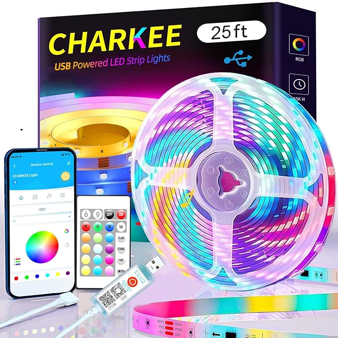CHARKEE 25ft LED Strip Lights USB-Powered, Color Changing RGB LED Strip Lights for Bedroom/TV Backlight/Gaming Lighting, Music Sync SMD 5050 Flexible LED Lights with Remote/APP Control