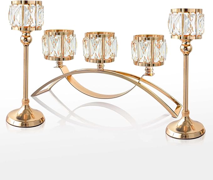 3 Arms Crystal Candle Holders, Arch Candlestick Table Candelabras Centerpieces for Wedding, Dinning Room, Cabinet Ornaments, Home Decoration, Gift (3-arm Arched Set, Gold)