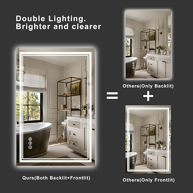 36''x36'' Lighted Mirrors for Bathroom Wall Backlit + Front Lit, Rectangular LED Bathroom Mirror Frameless with Lights Anti Fog, Dimmable, 3 Colors,Tempered Glass, Shatter-Proof