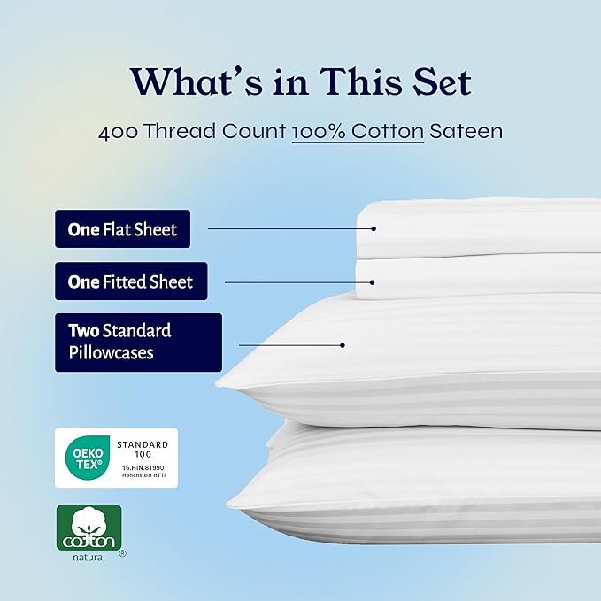 California Design Den Striped Full Size Bed Sheets Set - Soft 400 Thread Count Sateen, Natural 100% Cotton Sheets Set with Deep Pockets, Breathable, Cooling and Durable Bedding - Striped White