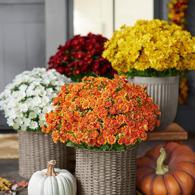 Artificial Mums for Outdoors, Faux Sunset Mum Flowers Planters for Indoor Outside Decor, Fake Look Real, Vibrant, UV Resistant, Waterproof, Windproof (1Mix, 5 Bundle)