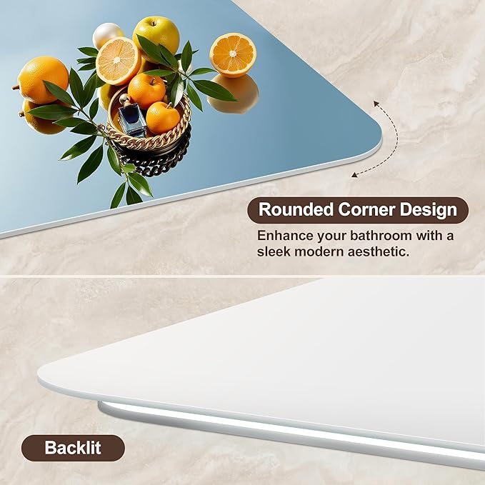60''x36'' Lighted Mirrors for Bathroom Wall Backlit Rectangular Rounded Corners, LED Bathroom Mirror Frameless with Lights Anti Fog, Dimmable, 3 Colors,Tempered Glass, Shatter-Prooff (Color 2)