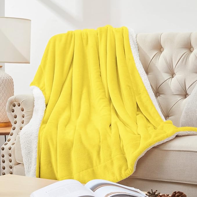 Walensee Sherpa Fleece Blanket (Twin Size 60”x80” Yellow) Plush Throw Fuzzy Super Soft Reversible Microfiber Flannel Blankets for Couch, Bed, Sofa Ultra Luxurious Warm and Cozy for All Seasons