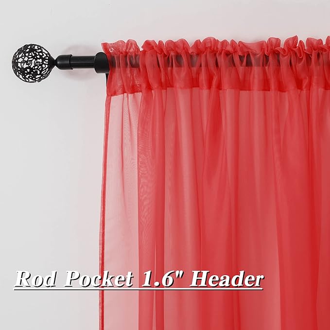 HUTO Christmas Red Sheer Curtains Window Drapes 2 Panels Rod Pocket Voile Sheer Panels Curtains 63 inches Long for Bedroom Living Room Nursery Study Room