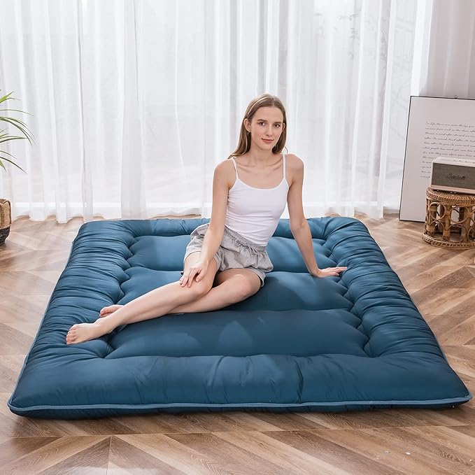 MAXYOYO Japanese Floor Mattress Futon Mattress, Thicken Sleeping Pad Foldable Roll Up Floor Futon for Adults Tatami Mat Dormitory Bed Lounger, Bluestone, Twin Size