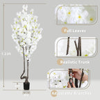 7.2 ft White Artificial Cherry Blossom Tree for Home Decor, Nearly Nature Faux Silk Flower Tree Indoor, Fake Realistic White Flowering Plant for Living Room Wedding Office Decorations