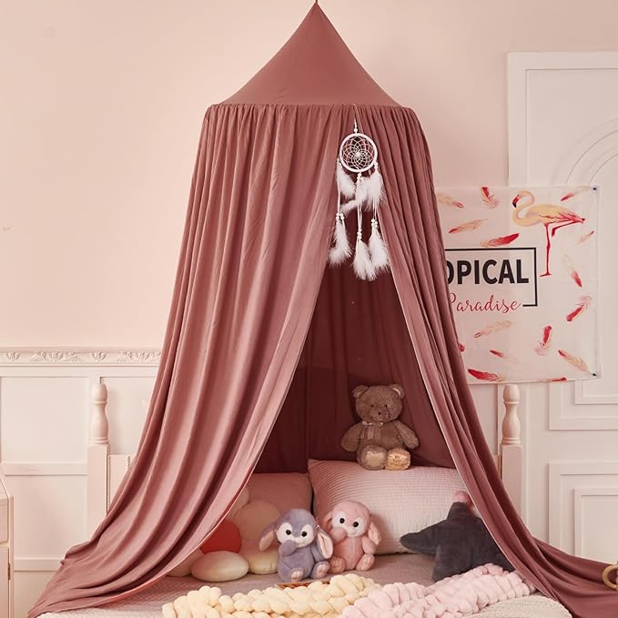dix-rainbow Princess Decor Canopy for Kids Bed, Soft and Durable Bed Canopy for Girls Room Tent Canopy Dreamy Mosquito Net Bedding, Children Reading Nook Canopies Indoor（Red Bean）