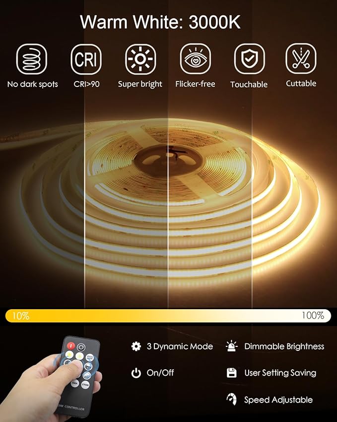 ALITOVE 32.8ft COB LED Lights for Bedroom with Remote Warm White 3000K Dimmable LED Strip Lights CRI90+ High Density 3200LEDs Flexible 24V LED Tape Light for Cabinet Home Indoor Lighting Decoration