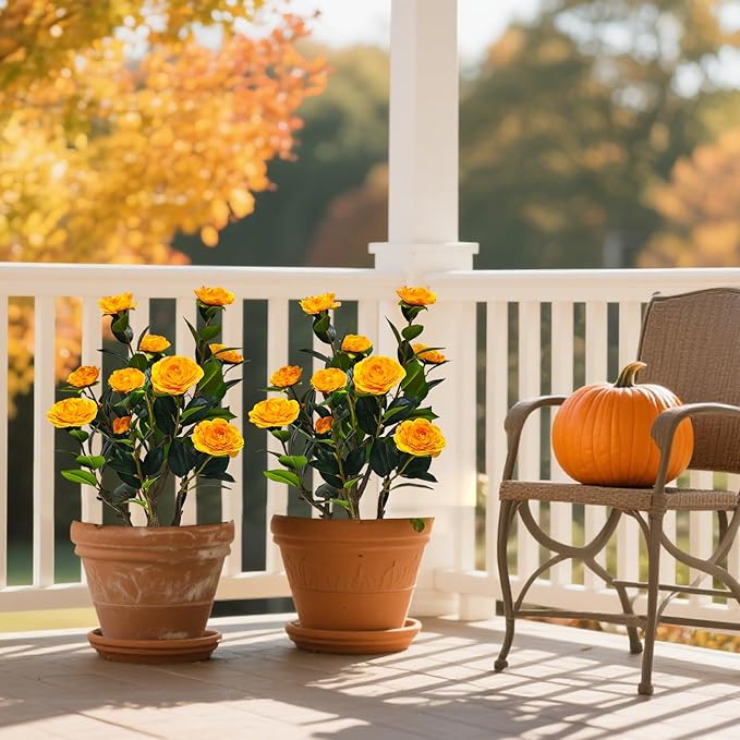 2Pack Artificial Camellia Tree, 2FT Faux Camellia Plant in Pot with Orange Flowers for Spring Home Front Door Outdoor Indoor Decoration,Orange